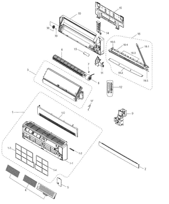 Shema in struktura notranje enote klimatske naprave: ventilator, rotor, demontaža, vezje